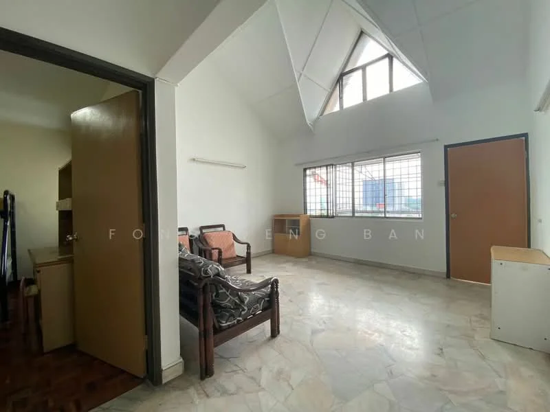 Room features: sloped ceiling, marble tile flooring, large window with grid pattern, wooden door, wooden furniture, light-colored walls, corner desk, seating area with cushions, built-in shelving, natural light; style: modern.