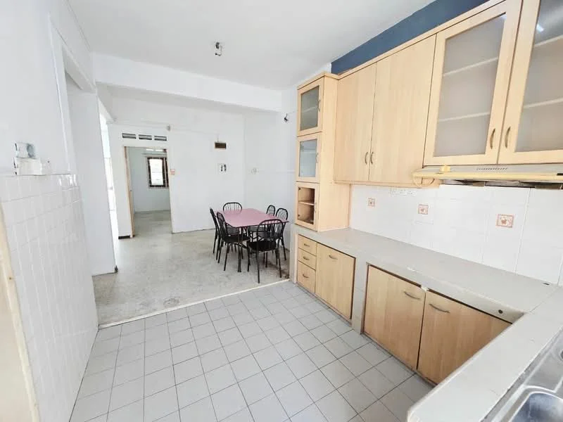 Kitchen features: light wood cabinetry, white countertop, stainless-steel sink, built-in oven, 4-burner gas hob, tile backsplash, grey tile flooring, recessed lighting, window above sink; style: modern. Dining features: round dining table, black dining chairs, pink tablecloth, open layout to living area.