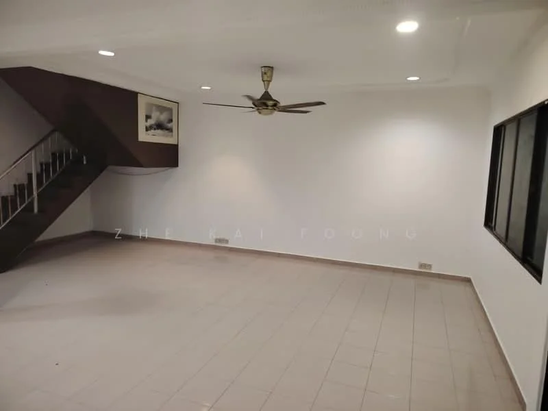 Living features: white painted walls, tile flooring, 5-blade ceiling fan with light, large windows, staircase leading to upper level, recessed downlights.