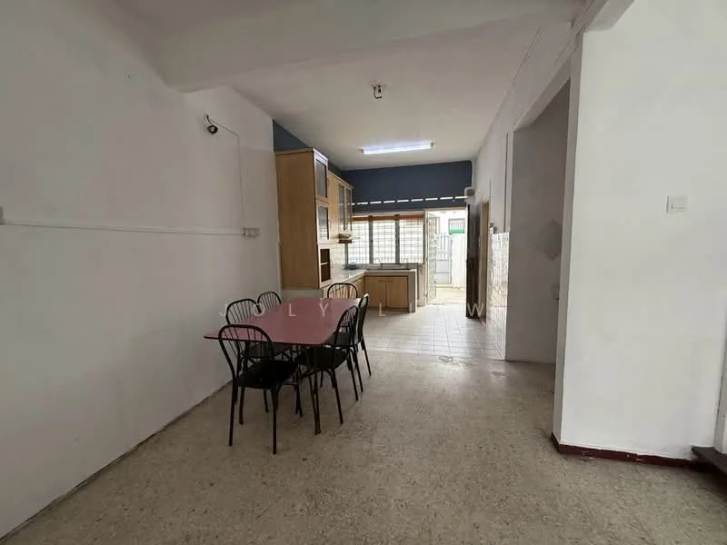 Dining features: dining table with 6 black chairs, light-colored tiled flooring, white walls, wooden cabinetry, window with grid pattern, open layout, natural light from window, no visible decor. Room features: light-colored tiled flooring, white walls, open layout, no visible decor.