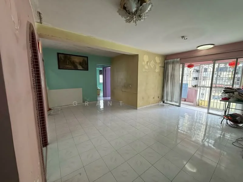 Living features: white tiled flooring, pink painted walls, cream painted walls, chandelier, sliding glass door, floor-to-ceiling windows, curtains, wall-mounted air conditioning unit, decorative wall art, open layout, access to balcony; style: modern; view: city.