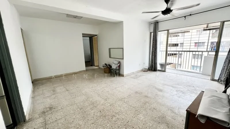 Living features: white painted walls, exposed concrete flooring, ceiling fan, large sliding glass door, balcony access, mirror on wall, natural light from windows, curtains, open layout. Room features: doorway leading to another room, empty space.