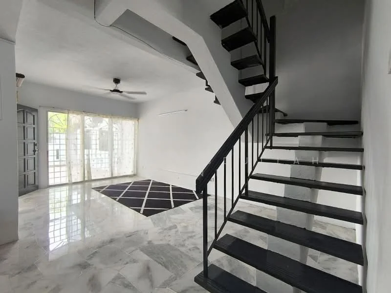 Living features: white painted walls, marble tile flooring, 5-blade ceiling fan, large windows with sheer curtains, black and white area rug, staircase with black railing, natural light from windows, open layout; style: modern; view: garden.