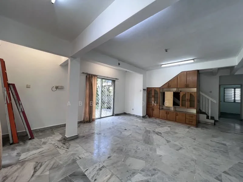 Living features: marble flooring, white painted walls, ceiling with recessed lighting, sliding glass door, curtains, built-in wooden cabinetry, staircase, open layout.