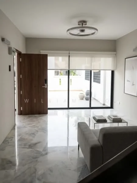Living features: marble flooring, white painted walls, sliding glass door, sheer curtains, 5-blade ceiling fan with light, sofa in light grey, glass coffee table, framed artwork on wall, decorative wall sconce; style: modern; view: garden.