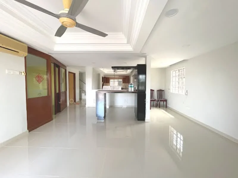 Living features: white painted walls, polished ceramic tile flooring, tray ceiling with recessed lighting, 5-blade ceiling fan, floor-to-ceiling windows, open layout to kitchen, air conditioning unit, natural light from windows; style: modern. Kitchen features: island countertop, black countertop, built-in cabinetry, open layout to living area, stainless-steel sink, kitchen appliances visible; style: modern.