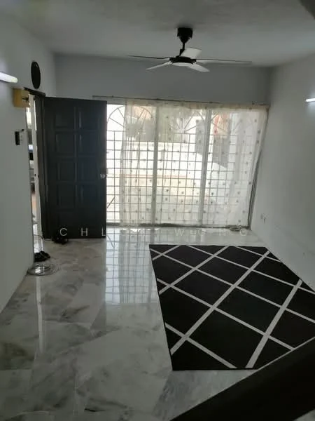 Living features: marble flooring, white painted walls, 5-blade ceiling fan, floor-to-ceiling windows, sheer curtains, black and white area rug with geometric pattern, black door, light fixtures on walls; style: modern.