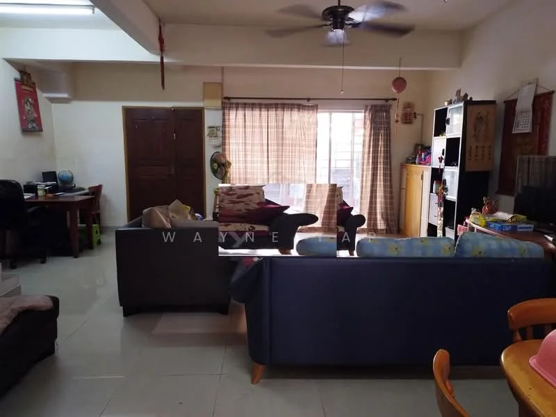 Living features: 3-seater fabric sofa in grey, 2-seater fabric sofa in blue, coffee table, TV console, wall-mounted TV, ceiling fan, floor-to-ceiling windows with sheer curtains, tile flooring, decorative wall art, wooden cabinet, study desk with chair, area rug; style: modern.