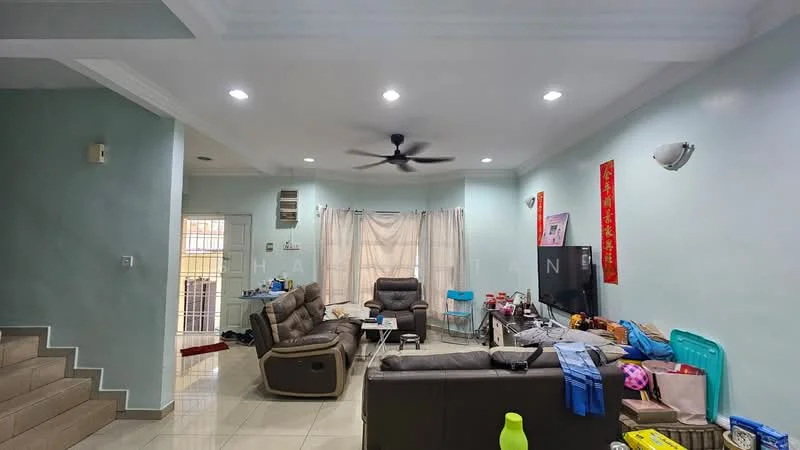 Living features: light green painted walls, white ceiling with recessed downlights, 2-seater leather sofa in brown, 3-seater fabric sofa in grey, coffee table, wall-mounted TV, TV console, ceiling fan, tile flooring, curtains, decorative wall art, area rug, storage boxes; style: modern.