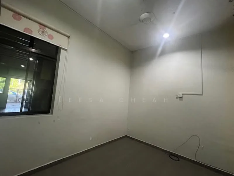 Room features: white painted walls, ceiling with recessed downlight, window with sheer curtains, vinyl plank flooring, one wall-mounted AC unit, power outlet, light switch.