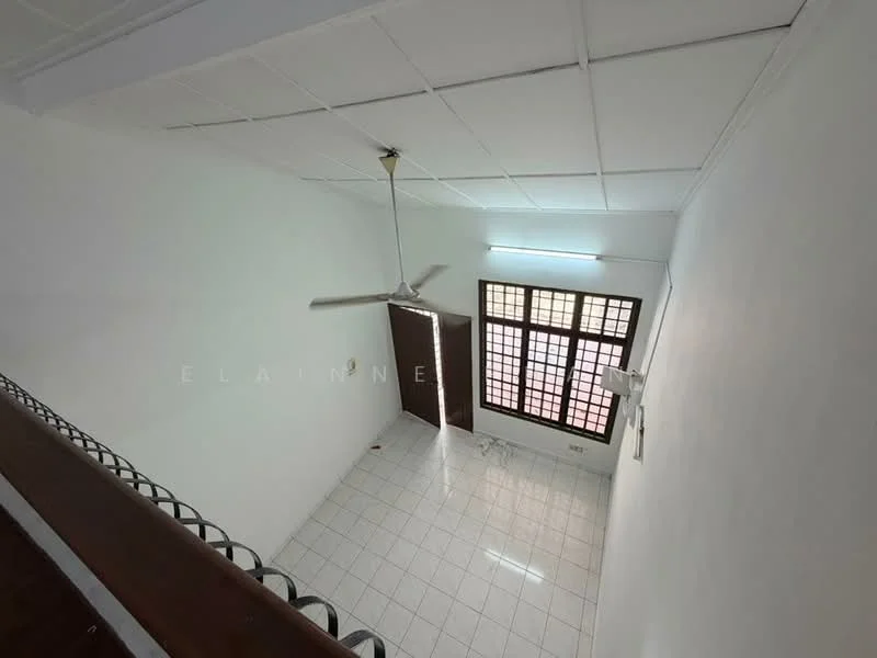 Room features: white painted walls, white ceiling, ceiling fan, tiled flooring, large windows with grid pattern, door leading outside, light fixture, open space layout; style: minimalist.