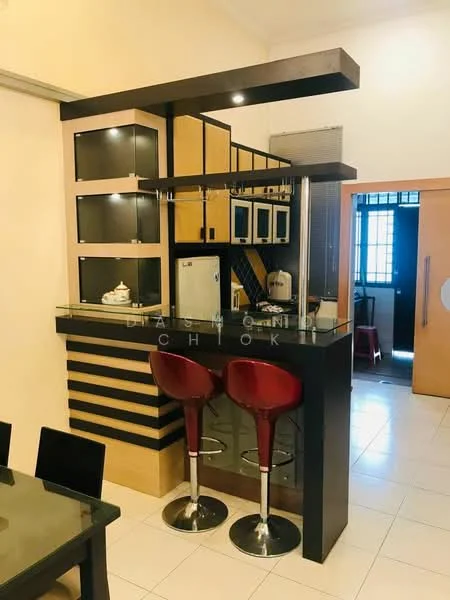 Kitchen features: black countertop, wood cabinetry, glass-front upper cabinets, stainless-steel fridge, built-in microwave, kitchen island with bar stools, pendant lighting, ceramic tile flooring, open layout, wall-mounted shelves, black and beige color scheme; style: modern.