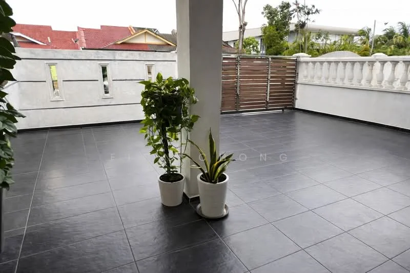 Room features: black ceramic tile flooring, white painted walls, decorative railing, two potted plants, open space, covered area, natural light, outdoor access; style: modern; view: garden.