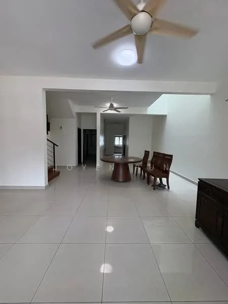 Dining features: large round dining table, 4 wooden dining chairs, ceiling fan with 5 blades, white painted walls, polished tile flooring, natural light from windows, open layout, staircase visible in background; style: modern.