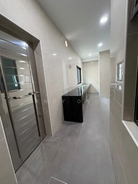 Room features: grey tile flooring, white tiled walls, black countertop, stainless-steel door, recessed LED downlights, large window, wall-mounted light fixture, open space layout; style: modern.