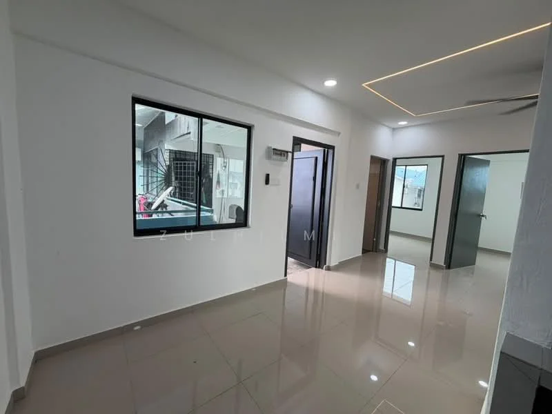 Room features: white painted walls, glossy ceramic tile flooring, recessed downlights, floor-to-ceiling windows, black framed windows, two doors leading to other rooms, open layout, neutral color scheme; style: modern.
