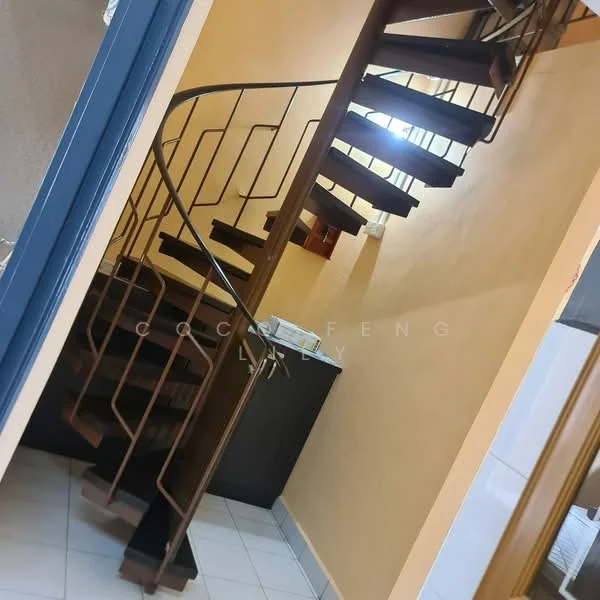 Room features: spiral staircase with wooden steps, metal railing, yellow painted walls, tile flooring, window with natural light, corner space, black cabinetry; style: modern.