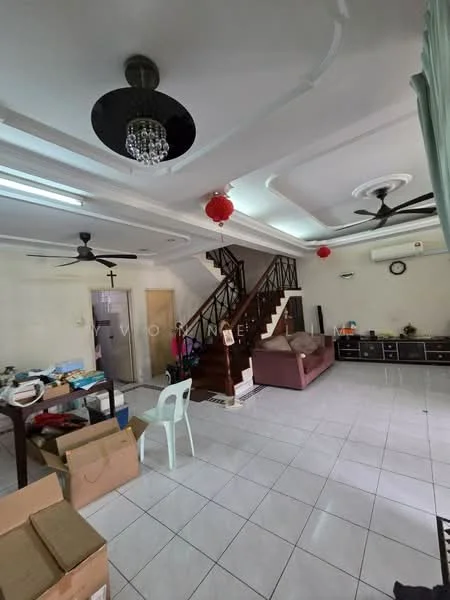 Living features: white painted walls, tile flooring, tray ceiling, chandelier, 2-blade ceiling fan, 3-blade ceiling fan, sofa in brown, coffee table, TV console, wall-mounted TV, decorative wall clock, open shelving, boxes and clutter, staircase with wooden railing; style: modern.
