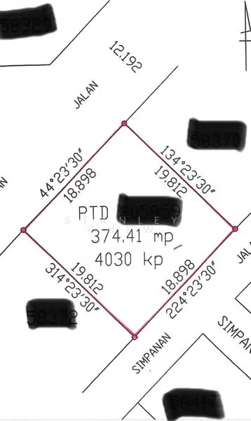 Floor plan: features: 374.41 mp land area, 4030 kp plot number, dimensions marked, corner lot, road access indicated.