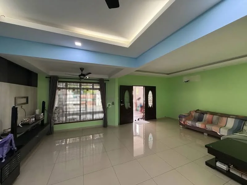 Living features: cream painted walls, green accent wall, polished ceramic tile flooring, tray ceiling with recessed lighting, 5-blade ceiling fan, floor-to-ceiling windows with sheer curtains, sliding glass door, sofa with multi-colored upholstery, coffee table, TV console, wall-mounted TV, decorative wall paneling; style: modern.