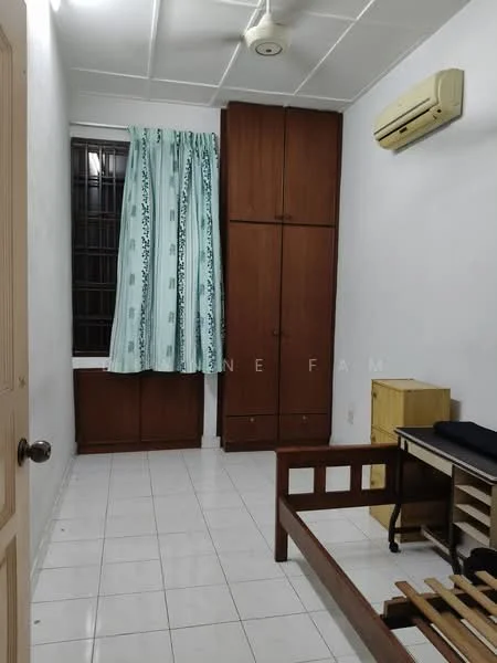 Bedroom features: white tiled flooring, white painted walls, ceiling fan, window with sheer curtains, built-in wardrobe with wooden doors, single bed frame, small wooden bedside table, air conditioning unit on wall.