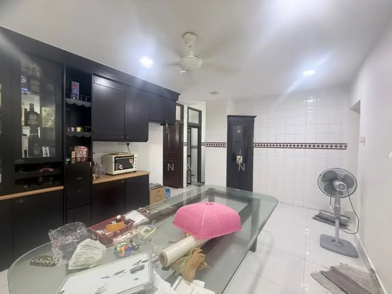 Kitchen features: black cabinetry, glass display shelves, microwave, kitchen countertop, white tiled backsplash, ceiling fan, white tiled flooring, refrigerator, sink, open layout, dining table, decorative items on countertop; style: modern.