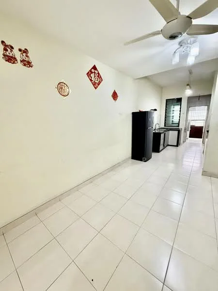 Room features: white painted walls, glossy white floor tiles, ceiling fan, refrigerator, kitchen cabinetry, window with grille, decorative wall hangings; style: modern.