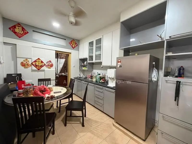 Kitchen features: stainless-steel fridge, grey cabinetry, white laminate countertop, round dining table, 4 black dining chairs, ceramic tile flooring, wall-mounted cabinets, built-in oven, kitchen sink, decorative wall art, ceiling fan, open shelving; style: modern.