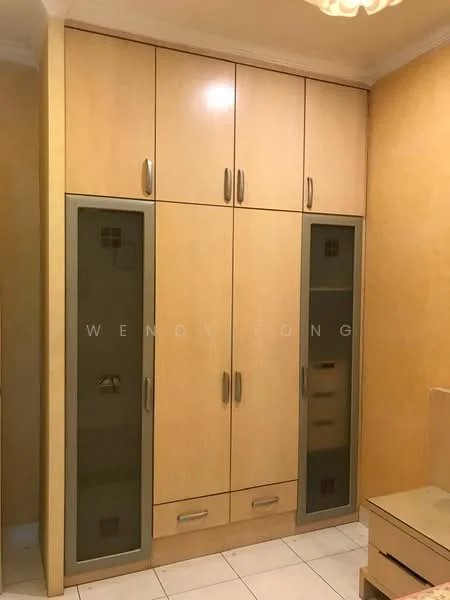 Room features: built-in wardrobe with wooden finish, glass-fronted cabinet doors, two drawers at the bottom, light beige wall color, white tiled flooring, ceiling light fixture; style: modern.