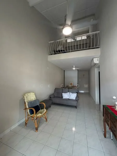 Living features: white painted walls, glossy ceramic tile flooring, 5-blade ceiling fan with light, sofa in grey fabric, armchair with wooden frame, decorative table, air conditioning unit, high ceiling, balcony railing visible above; style: minimalist.