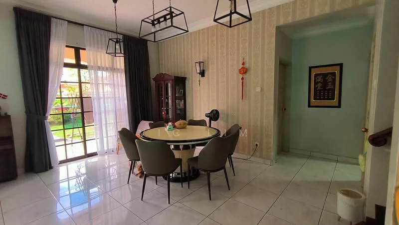 Dining features: round dining table, upholstered dining chairs, glass cabinet, floor-to-ceiling windows, sheer curtains, dark grey curtains, tile flooring, wall-mounted light fixture, decorative wall paneling, wall clock; style: modern; view: garden. Room features: light green painted walls, doorway leading to another room.