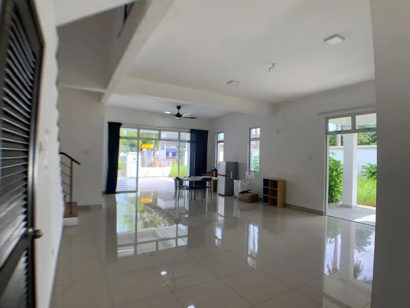 Living features: white painted walls, glossy ceramic tile flooring, 5-blade ceiling fan with light, large windows with sheer curtains, sliding glass door, dining table with chairs, built-in shelving unit, open layout, natural light from windows, neutral color scheme; style: modern; view: garden.