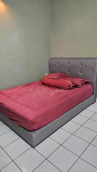 Bedroom features: queen-size bed with grey upholstered headboard, red bedspread, two red pillows, white tiled flooring, green painted walls, wall-mounted light fixture; style: modern.