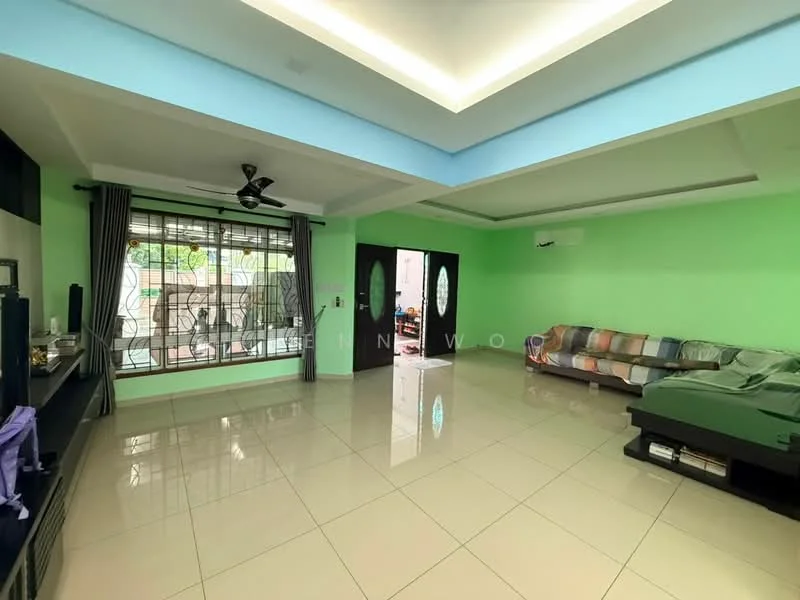 Living features: green painted walls, white ceiling with recessed lighting, 5-blade ceiling fan, large windows with decorative iron grilles, sliding glass door, cream-colored floor tiles, sofa with colorful upholstery, TV console, decorative wall with artwork; style: modern; view: garden.