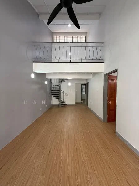 Room features: laminate flooring, grey painted walls, white ceiling, 5-blade ceiling fan, spiral staircase, railing on upper level, large windows, doorway leading to another room; style: modern.