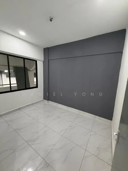 Room features: grey accent wall, white painted walls, glossy ceramic tile flooring, large window with black frame, ceiling light fixture, corner of room with door, neutral color scheme, no visible furniture; style: modern.