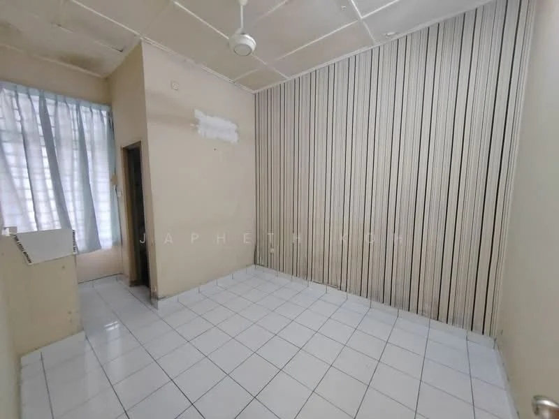 Room features: white tiled flooring, cream painted walls, striped wallpaper accent wall, window with sheer curtains, ceiling fan, corner shelf unit; style: minimalist.