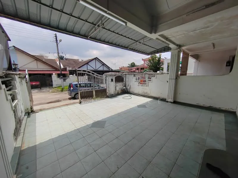 Exterior features: tiled flooring, covered roof, open space, fenced perimeter, gate at entrance, concrete walls, street view, parking space; style: modern.