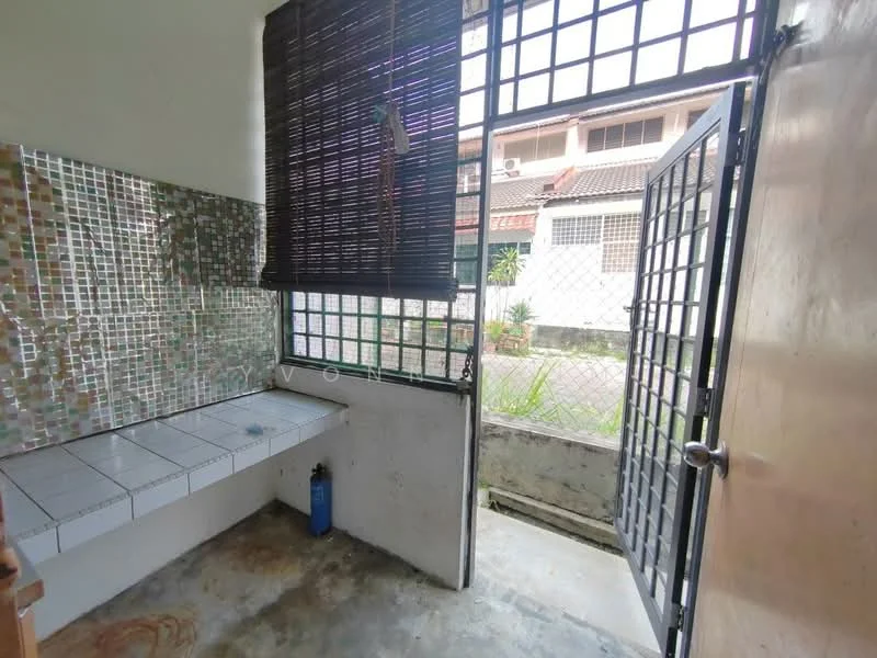 Laundry features: mosaic tile backsplash, white tiled countertop, open window with security grille, exposed concrete flooring, bamboo blind, door with metal grille, water supply pipe, natural light from window; view: garden.
