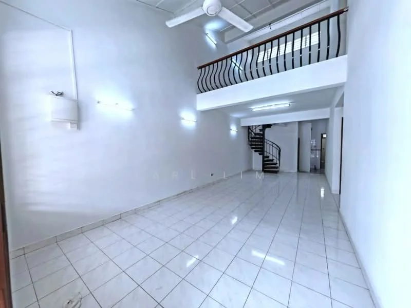 Room features: white painted walls, white ceiling, ceramic tile flooring, spiral staircase, 2 wall-mounted light fixtures, ceiling fan, open layout, large windows; style: modern.