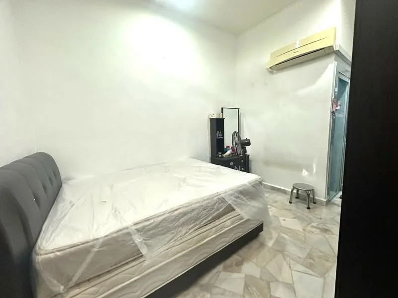 Bedroom features: white painted walls, marble flooring, king-size bed, upholstered headboard, wall-mounted air conditioning unit, full-length mirror, black dresser, small stool.