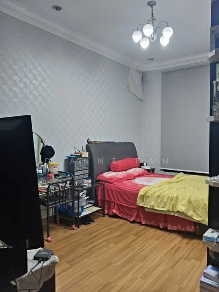 Bedroom features: queen-size bed with red bedding, yellow bedspread, wooden flooring, white painted walls with decorative pattern, ceiling light fixture with multiple bulbs, black TV on stand, bookshelf with books and decorative items, curtains on window, nightstand with items, wall-mounted shelf; style: modern.