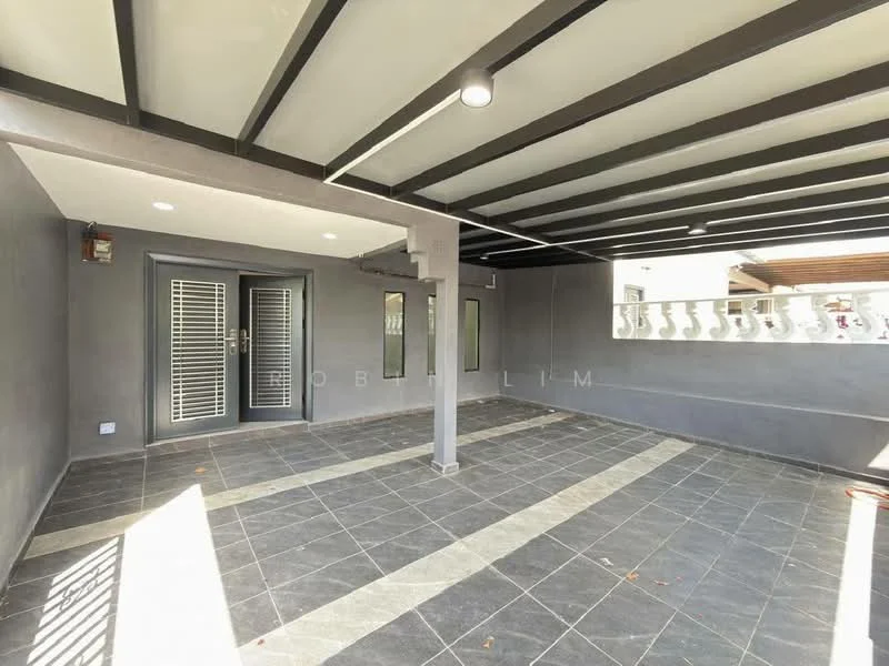 Room features: grey painted walls, exposed metal beams, slate tile flooring, recessed downlights, double glass doors, security grille, open layout, natural light from windows; style: modern.