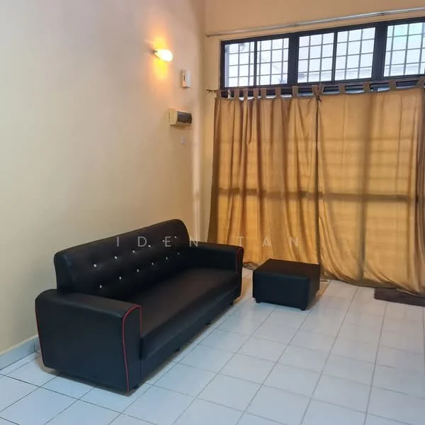 Living features: black leather sofa with red piping, small black ottoman, white tiled flooring, cream painted walls, floor-to-ceiling windows, sheer curtains in beige, wall-mounted air conditioning unit, wall sconce lighting; style: modern.