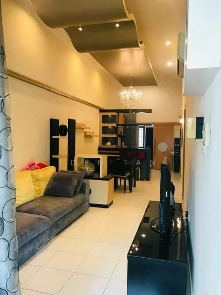 Living features: grey fabric sofa, yellow accent cushions, black TV console, wall-mounted TV, chandelier, recessed downlights, open shelving unit, dining table with chairs, white tiled flooring, decorative wall paneling, air conditioning unit, curtains, feature ceiling with design; style: modern.
