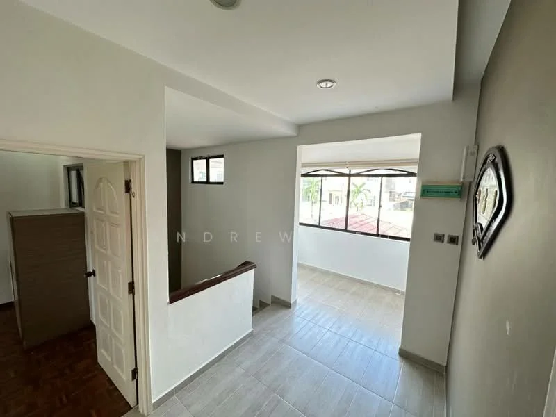 Room features: white painted walls, light grey accent wall, tile flooring, large windows, wooden handrail, recessed ceiling lights, doorway leading to another room, window with view of rooftops; style: modern; view: city.