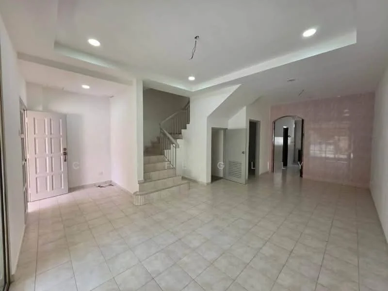 Living features: white painted walls, tile flooring, recessed downlights, staircase with railing, open layout, arched doorway, air conditioning vent, large windows, neutral color scheme; style: modern.
