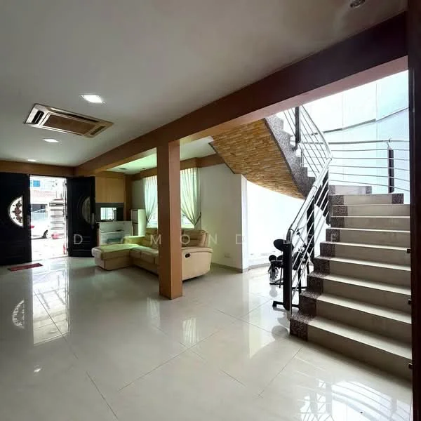 Living features: cream painted walls, white tiled flooring, 5-blade ceiling fan with light, sofa in beige, coffee table, TV console, wall-mounted TV, large windows with sheer curtains, staircase with metal railing, decorative wall paneling, air conditioning unit; style: modern. Room features: white walls, white tiled flooring, staircase with beige steps, natural light from windows.