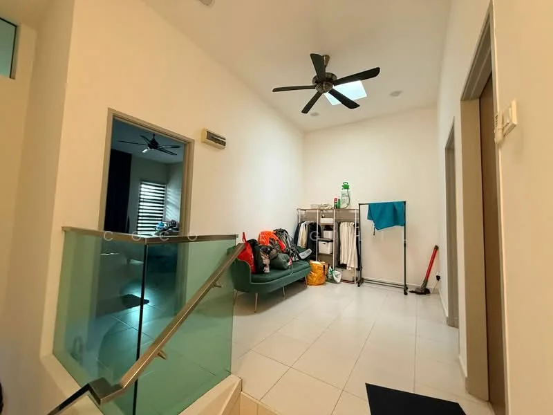 Room features: white painted walls, ceiling fan, tile flooring, green fabric sofa, clothes rack, laundry basket, vacuum cleaner, glass railing, recessed ceiling lights; style: modern.