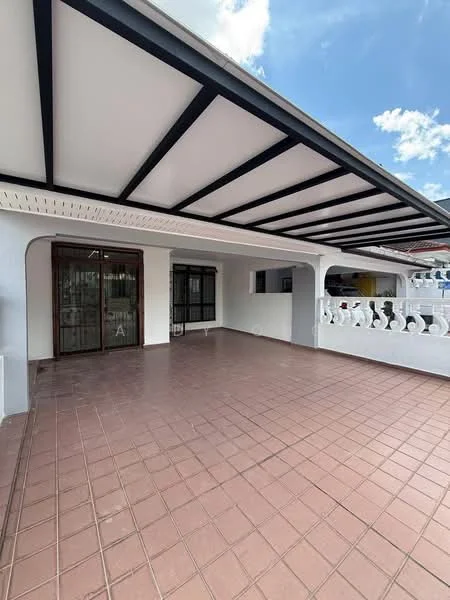 Exterior type: detached bungalow; features: flat roof with exposed beams, terracotta tile flooring, white painted facade, large sliding glass door, covered porch area, decorative railing, windows with black frames, manicured landscaping in background; style: modern.